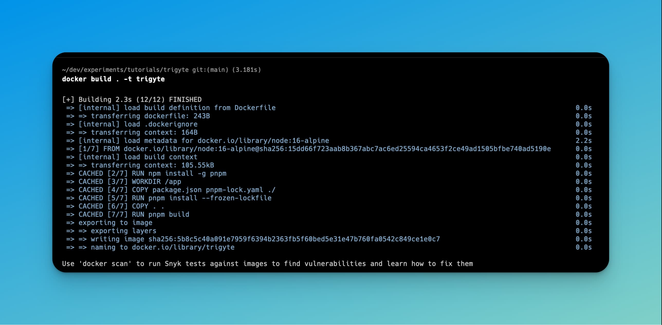 Terminal output of `docker build` of a SvelteKit app