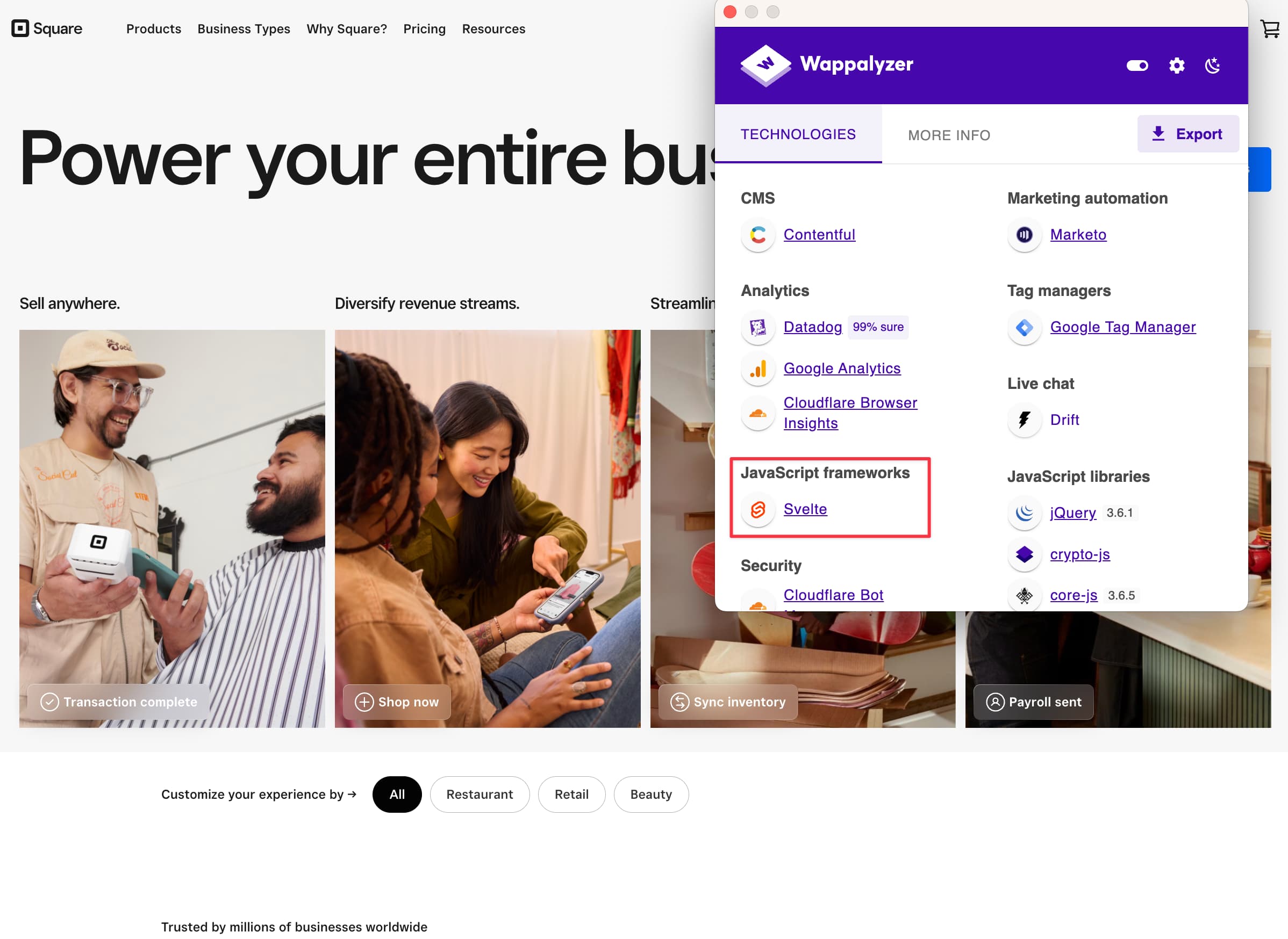 Square uses Svelte on their homepage
