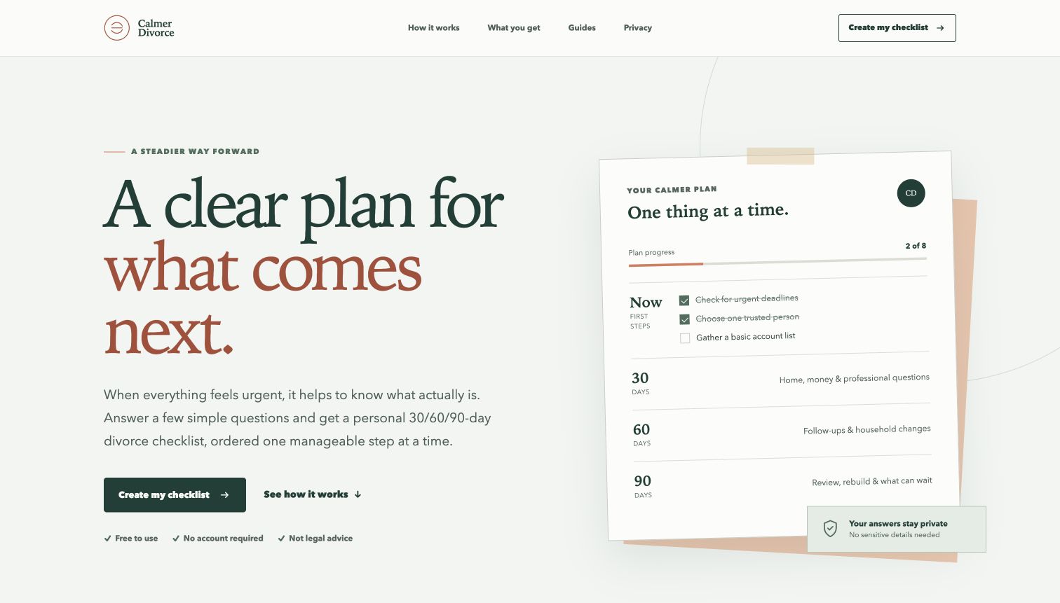 Calmer Divorce homepage introducing practical divorce guides and a personalized checklist.