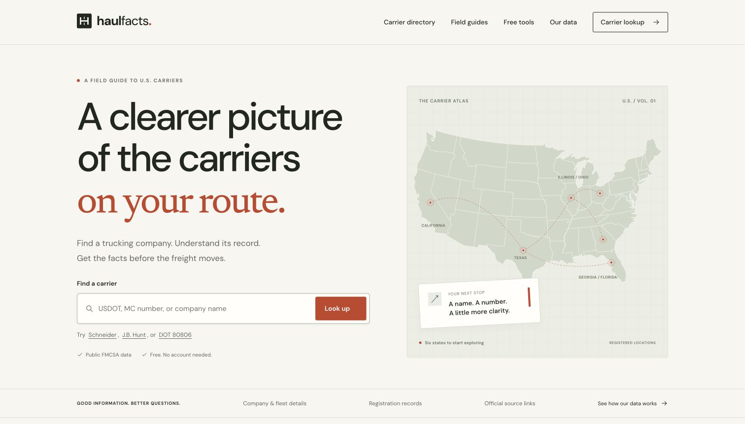 HaulFacts homepage with carrier lookup and links to freight guides and calculators.