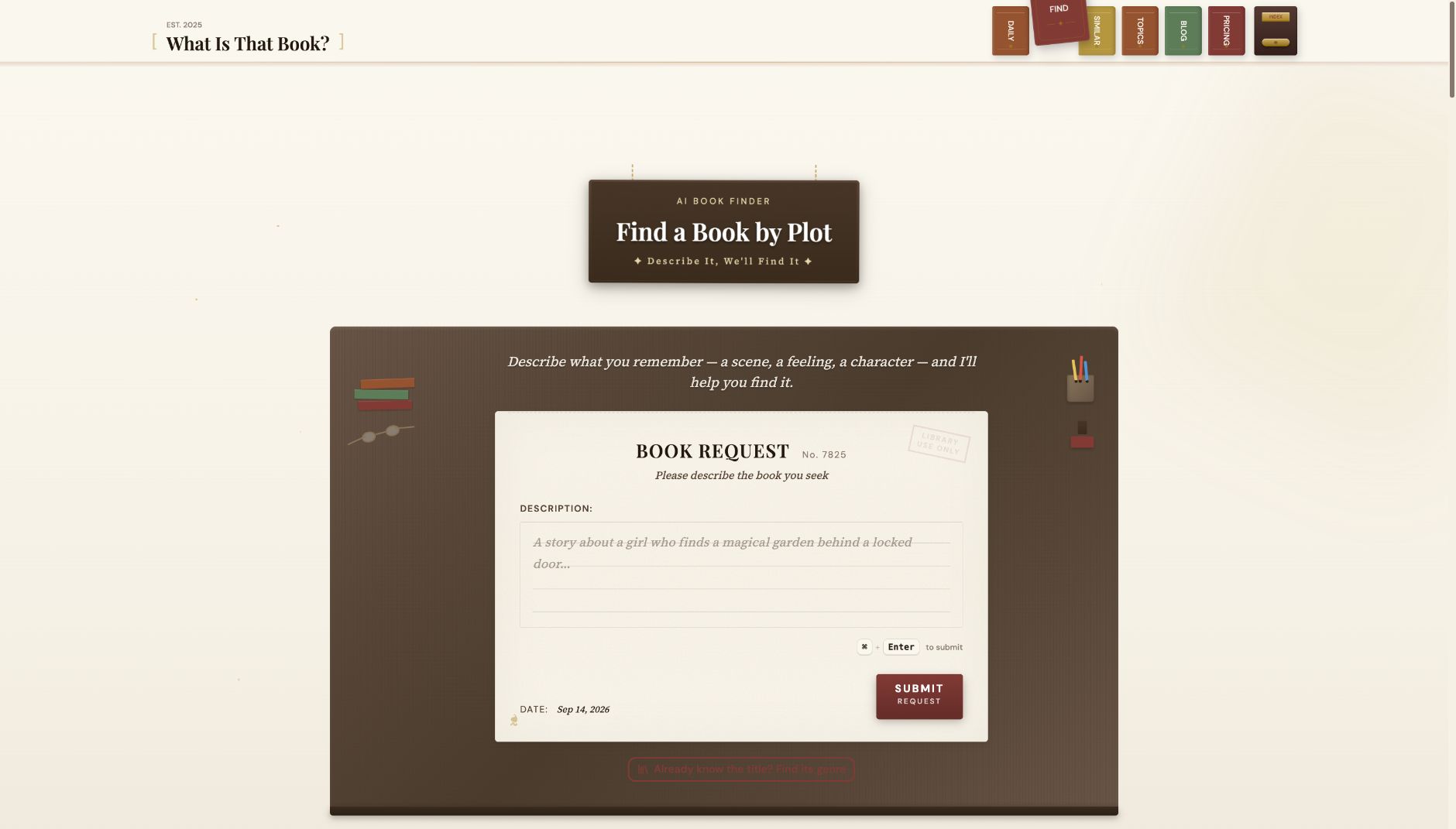 WhatIsThatBook homepage with book-spine navigation and a search form for describing a forgotten book.
