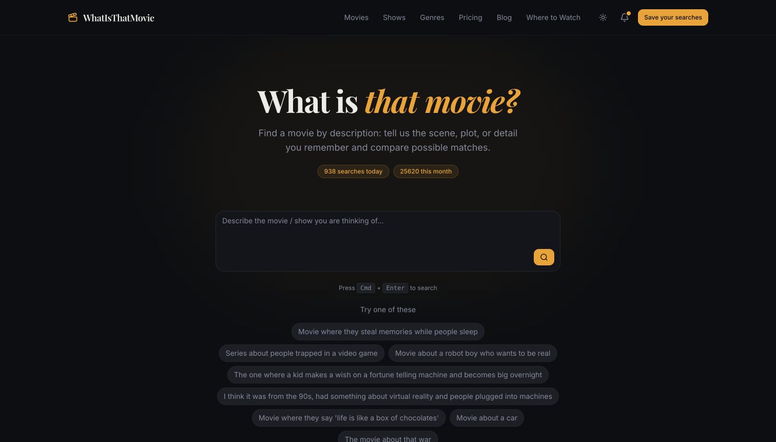 WhatIsThatMovie homepage with a scene-description search field and example movie queries.